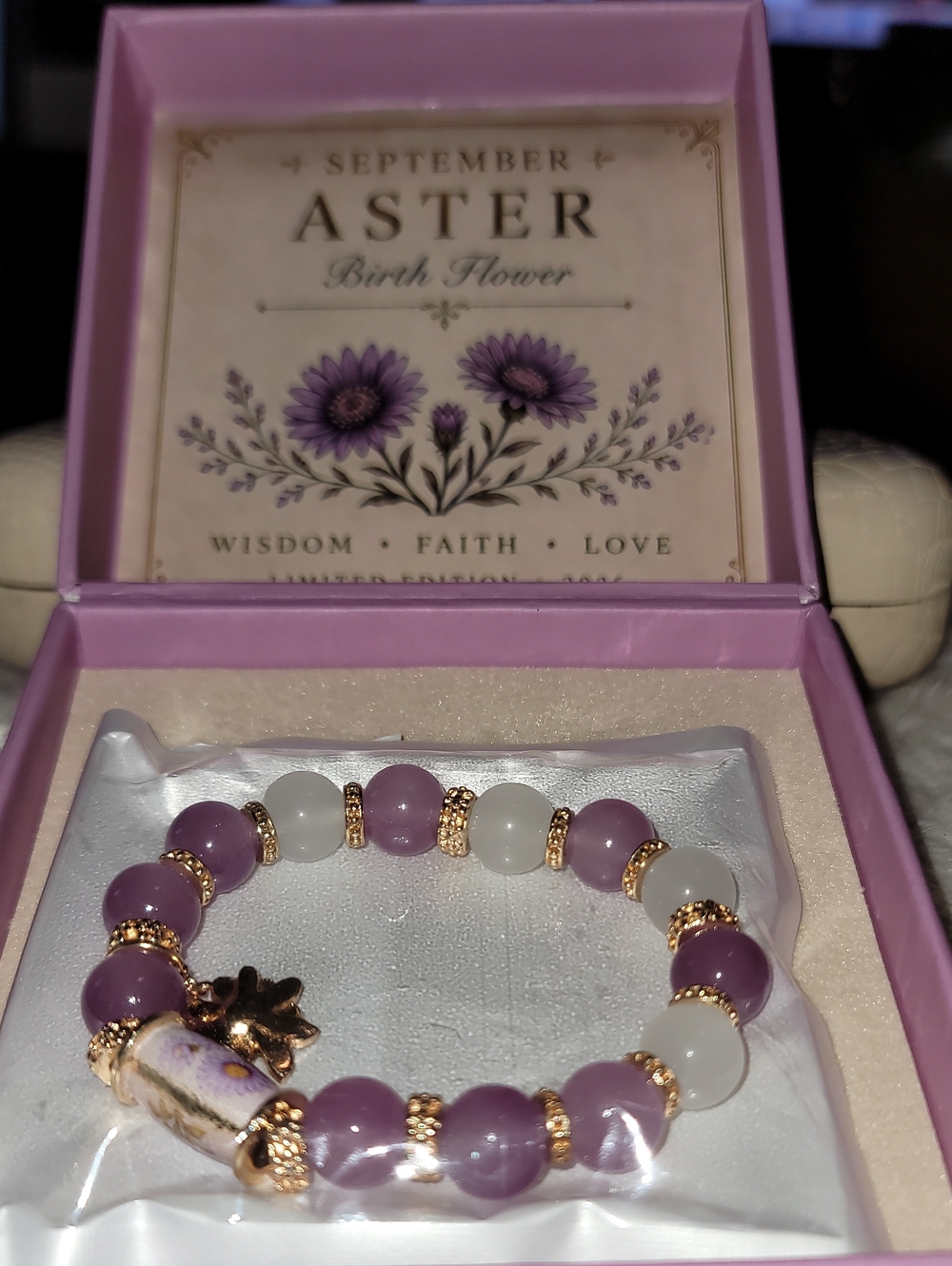 Aster For September Purple Bead Stretch Bracelet with Gold Accents With Box